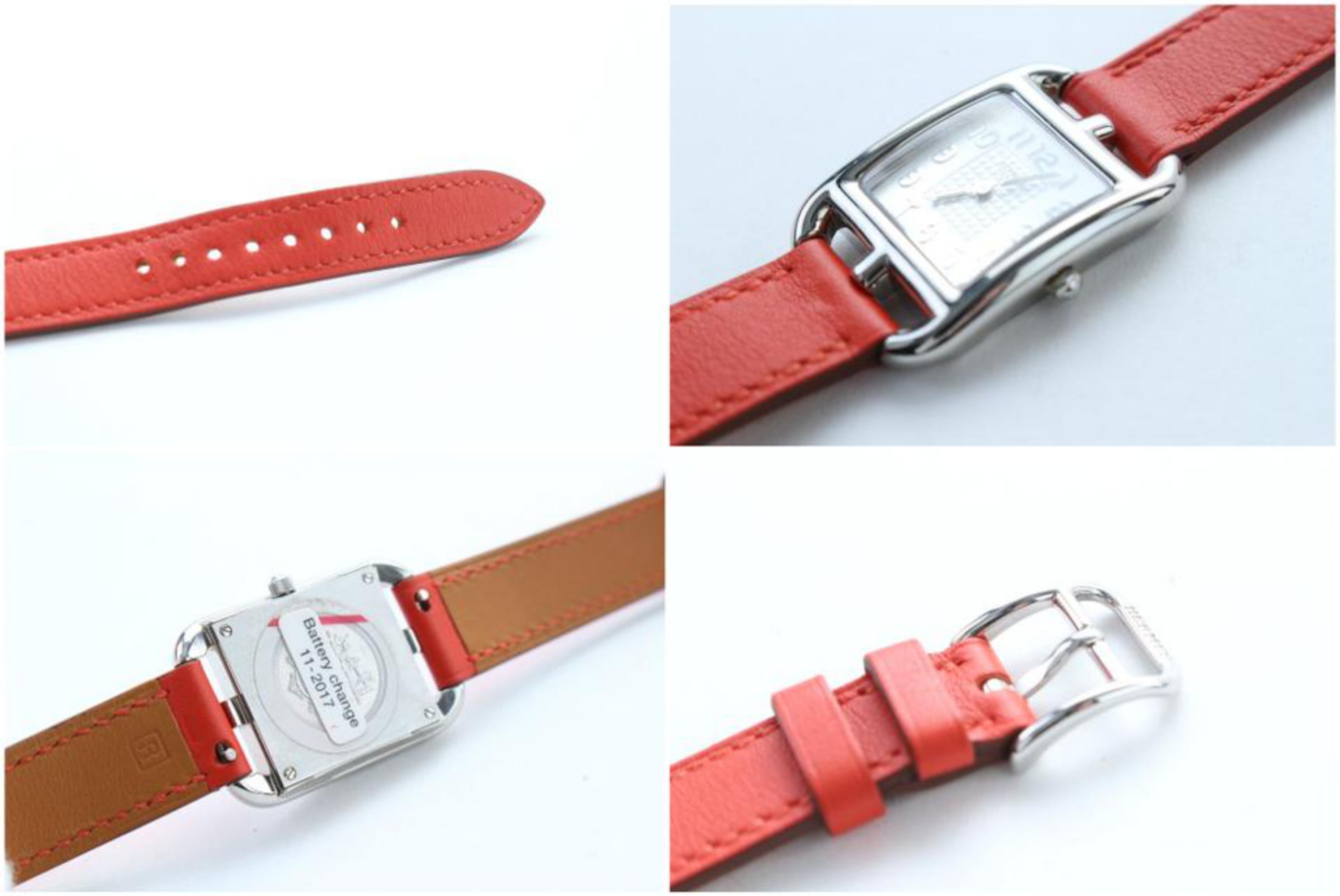 Hermes steel watch, 23 x 23 mm, opaline silvered dial, quartz movement, long double tour interchangeable smooth red calfskin strap
OVERALL EXCELLENT+/LIKE NEW CONDITION
( 9.5/10 or SA )
Includes Hermes Gift Box
Retail $2975
Signs of Wear: May have