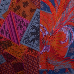 HERMES red CHEVAL PHOENIX 140 Scarf silk Prune Bleu Brique