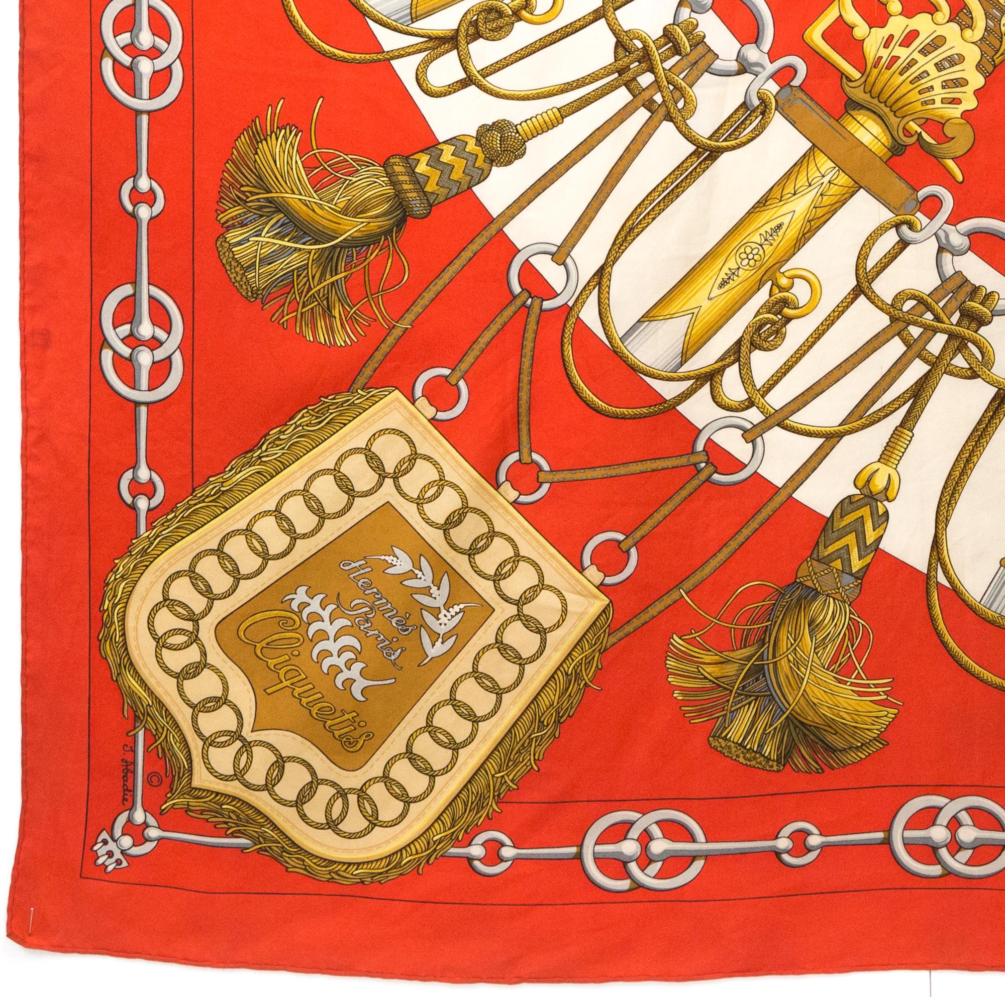 Hermes Red Cliquetis by J. Abadie Silk Scarf In Good Condition For Sale In Paris, FR