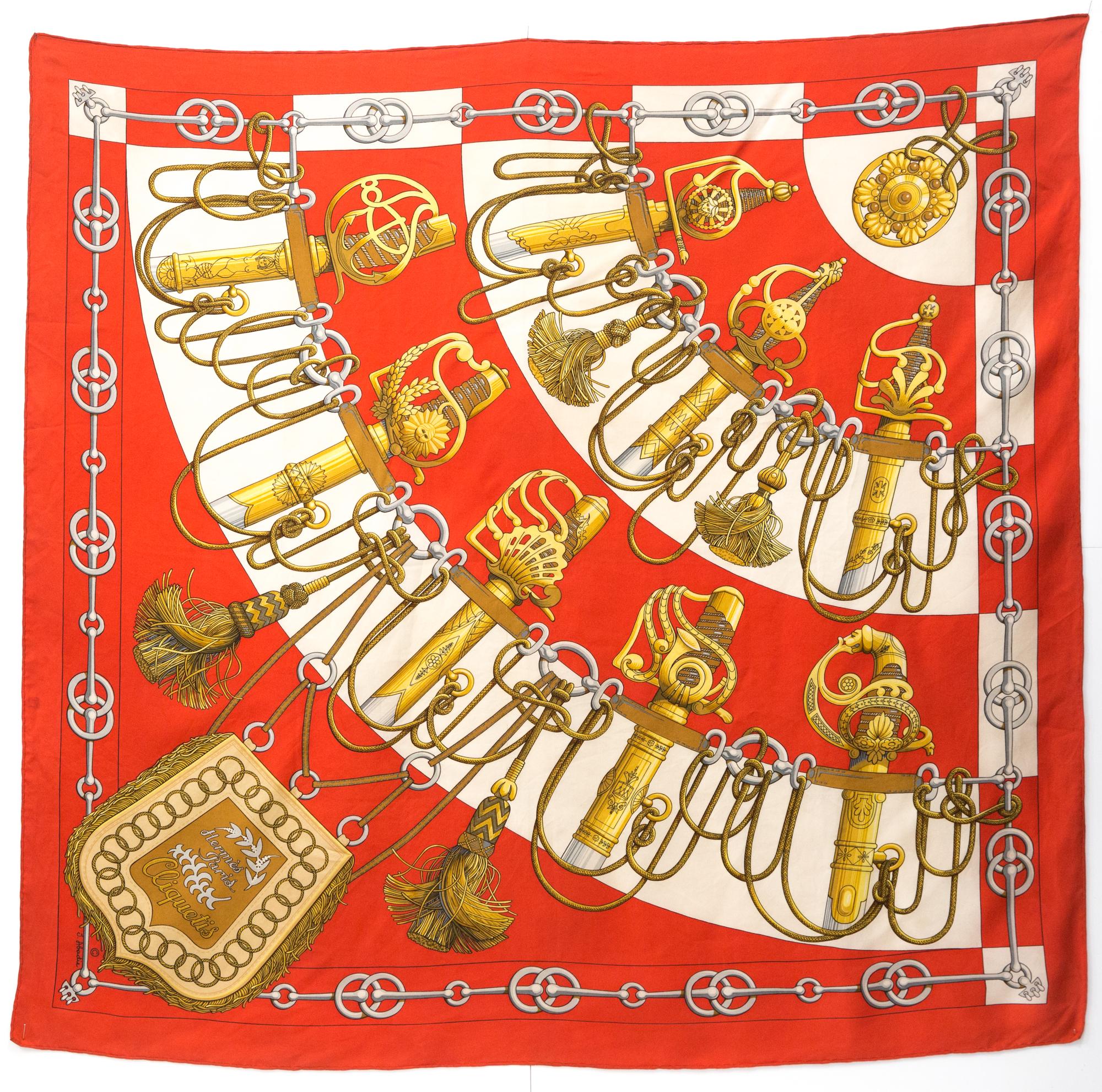 Hermes Red Cliquetis by J. Abadie Silk Scarf For Sale 2