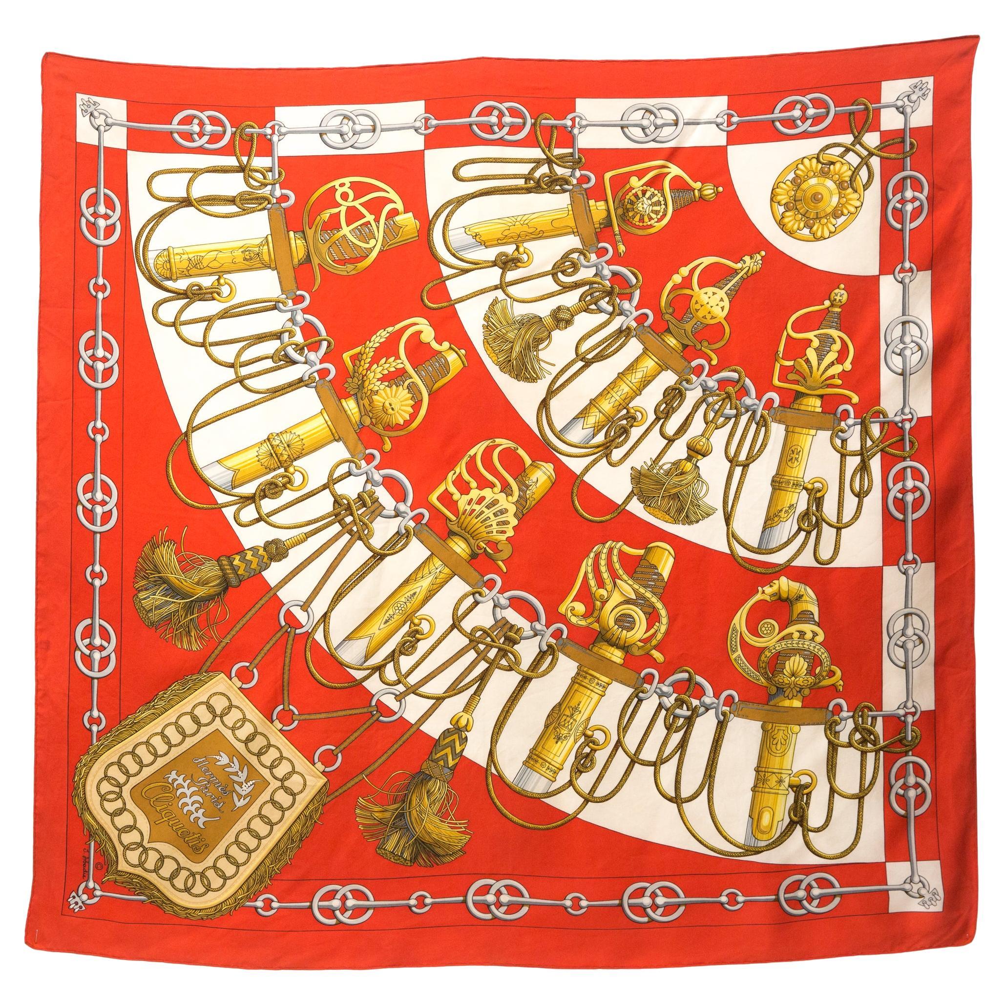 Hermes Red Cliquetis by J. Abadie Silk Scarf For Sale