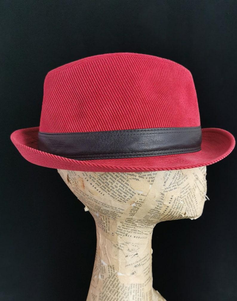 Hermes Red cord fedora hat, black leather trim  In Good Condition In NEWARK, GB