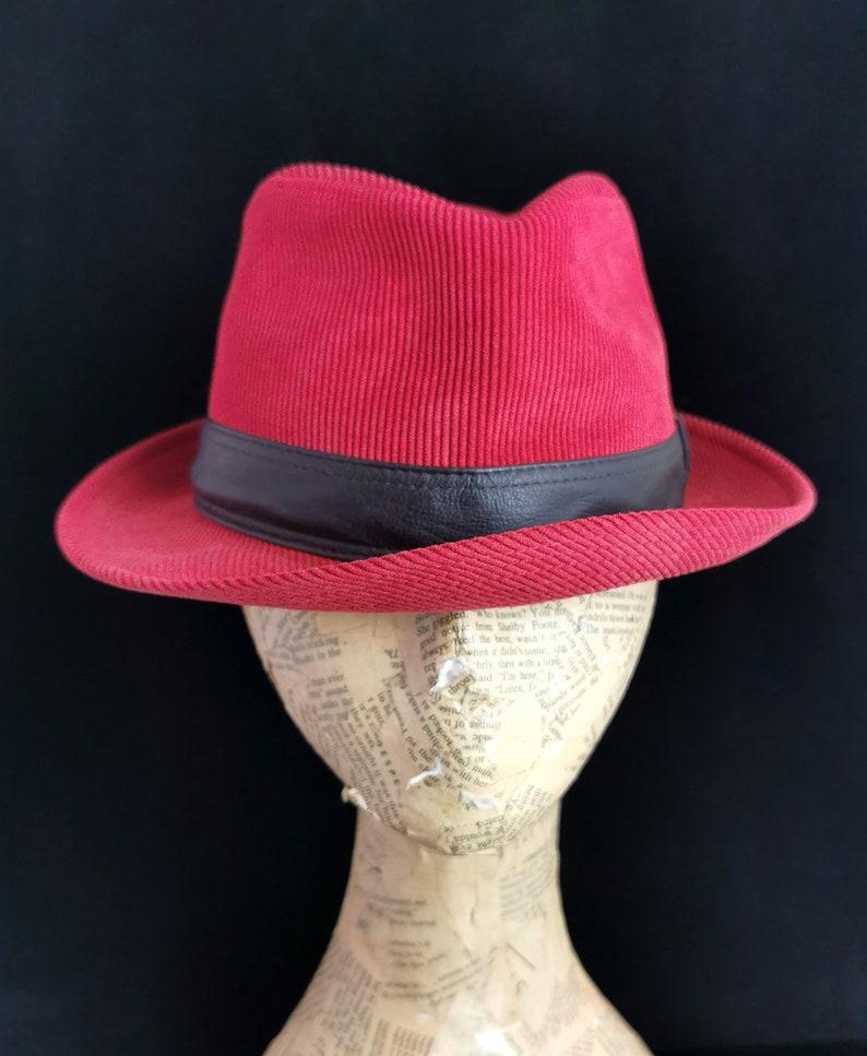 Hermes Red cord fedora hat, black leather trim  1