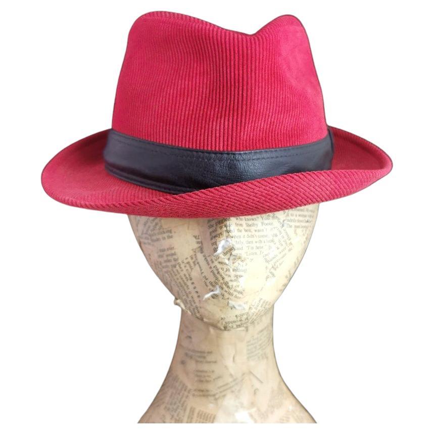 Hermes Red cord fedora hat, black leather trim 