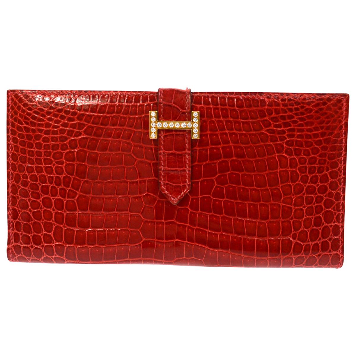 Hermes Red Crocodile Exotic Leather Diamond 'H' Gold Envelope Clutch Wallet For Sale
