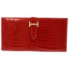 Hermes Red Crocodile Exotic Leather Diamond 'H' Gold Envelope Clutch Wallet