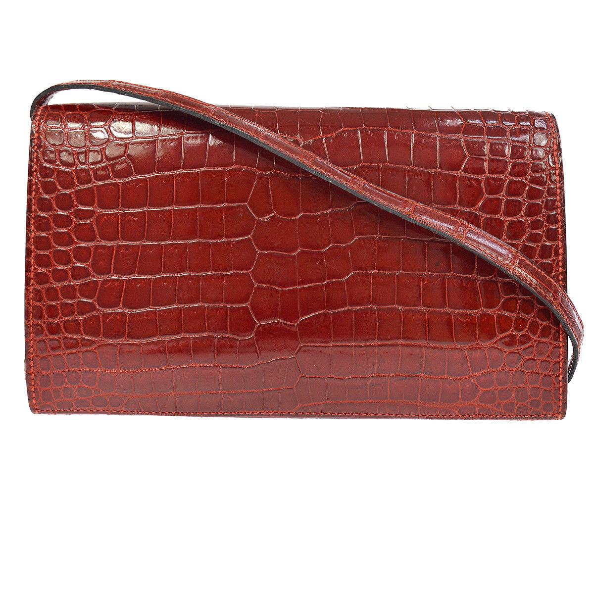 Brown Hermes Red Crocodile Leather Gold 2 in 1 Evening Clutch Shoulder Flap Bag in Box