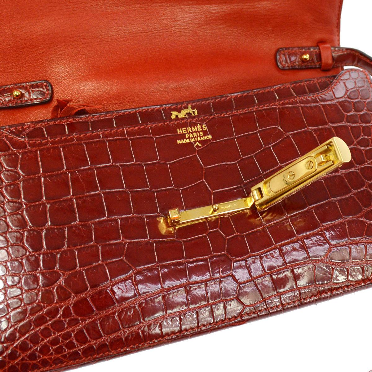 Women's Hermes Red Crocodile Leather Gold 2 in 1 Evening Clutch Shoulder Flap Bag in Box