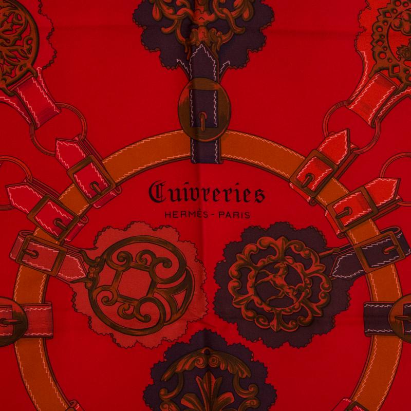 Hermes 'Cuiveries 90 Surteint' scarf in red silk (100%) with contrasting burgundy border and details in plum and brown. Has been worn and is in excellent condition.

Width 90cm (35.1in)
Height 90cm (35.1in)