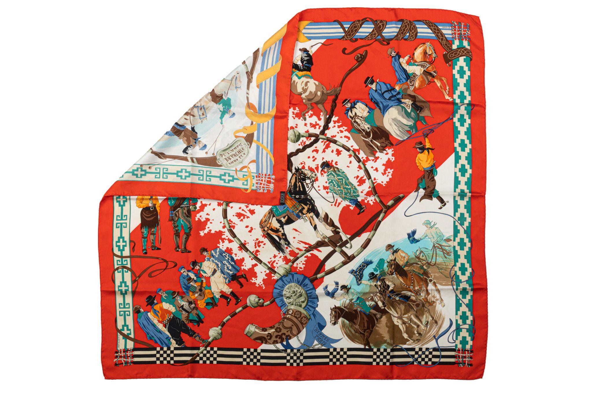 Hermes collectible De Watrigant red horses design silk scarf. Hand rolled edges.
