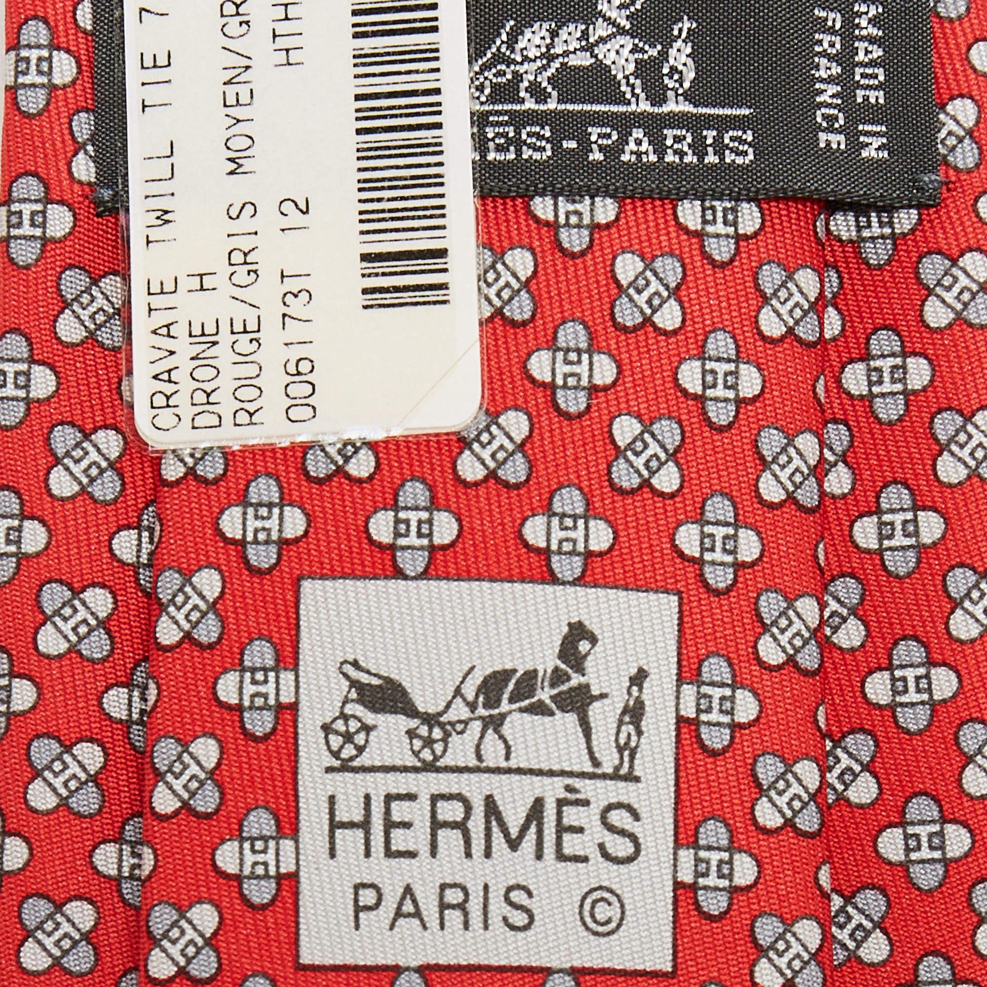 Men's Hermes Red Drone Print Silk Skinny Tie
