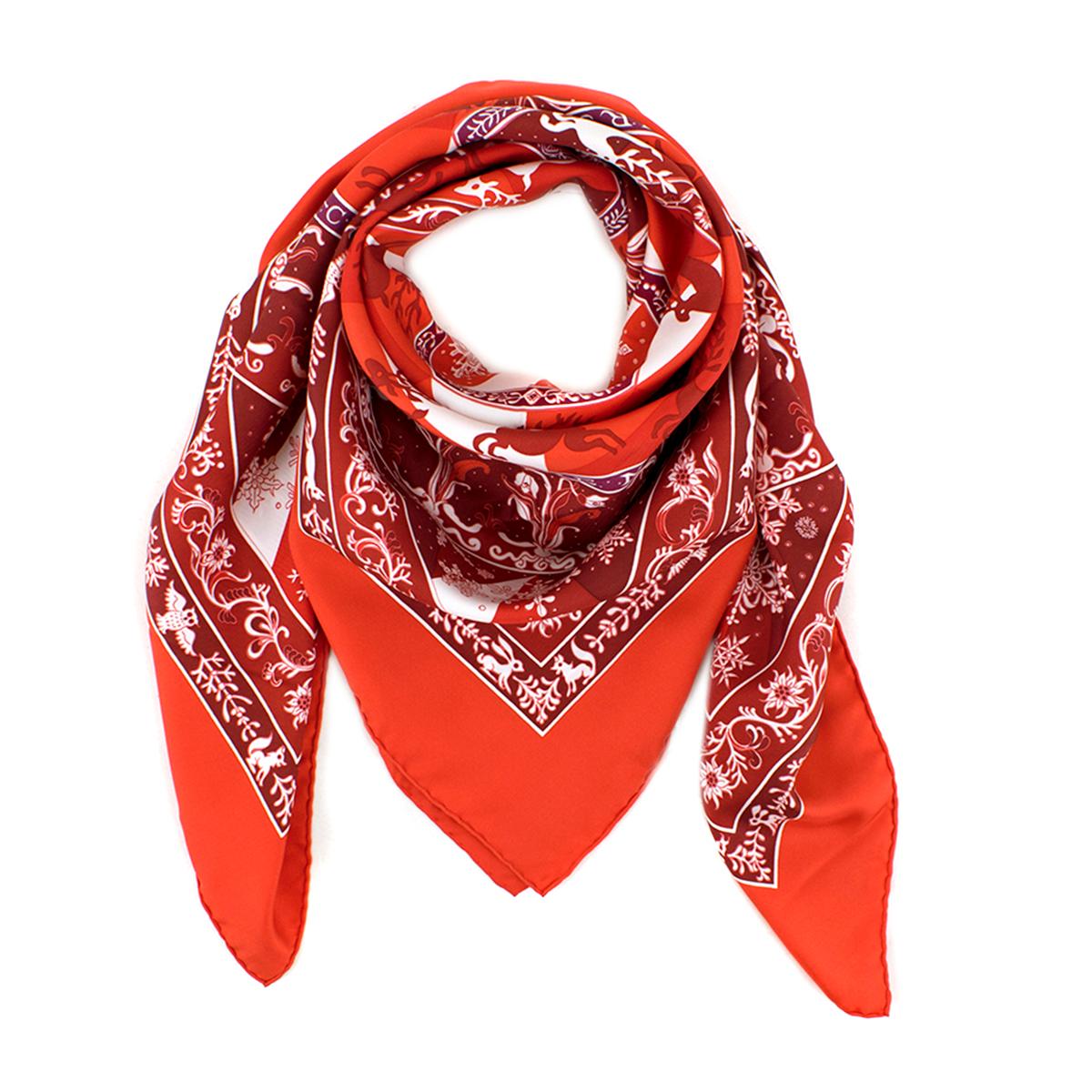 Orange Hermes Red 'Edelweiss' Silk Scarf 90