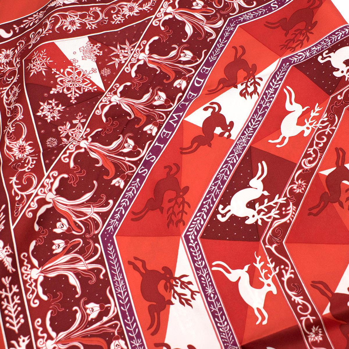 Hermes Red 'Edelweiss' Silk Scarf 90 In Excellent Condition In London, GB