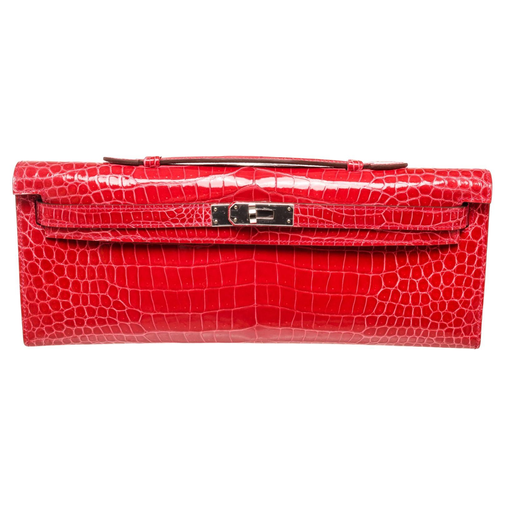 Hermes Red Electric Crocodile Kelly Cut Clutch Bag For Sale