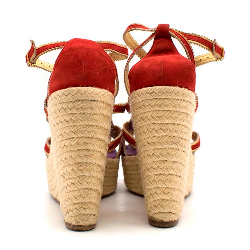 Beige Hermes Red Embroidered Espadrille Wedges 39