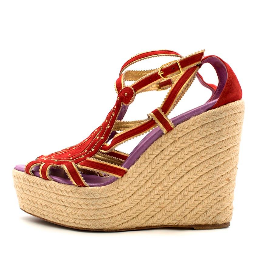 Women's Hermes Red Embroidered Espadrille Wedges 39