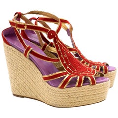 Hermes Red Embroidered Espadrille Wedges 39
