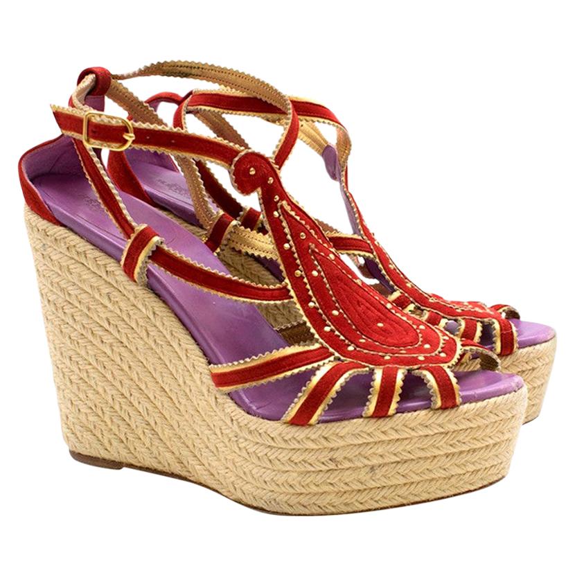 Hermes Red Embroidered Espadrille Wedges 39 at 1stDibs