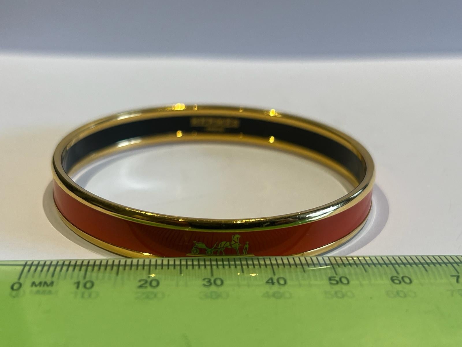 Hermes Red Enamel Gold Plated Caleche Narrow Bangle Bracelet 1