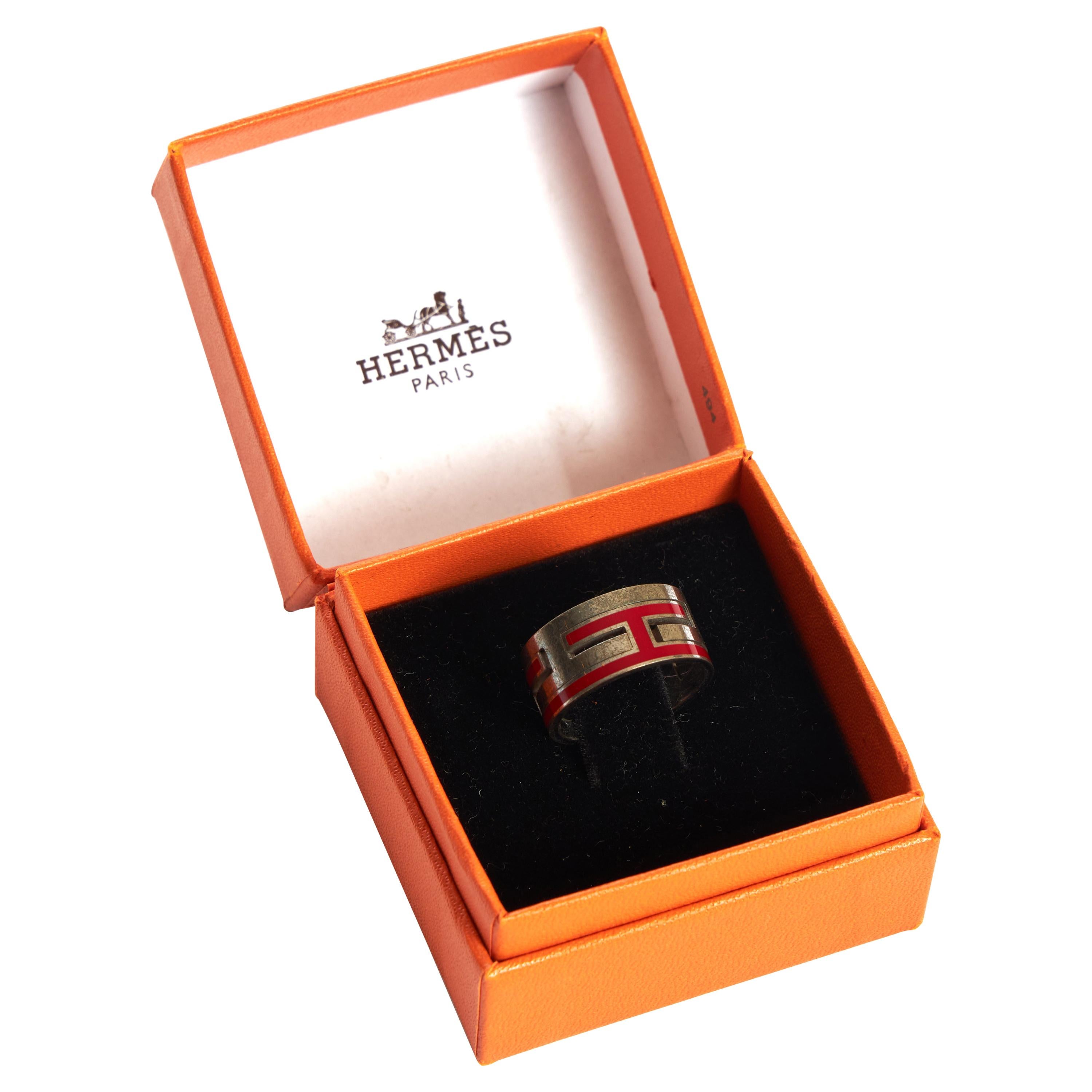 Hermès Red Enamel & Sterling Silver Ring in Box Size 54