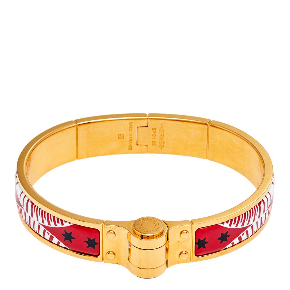 Women's Hermes Red Eperon D'or Bandana Rouge Enamel Gold Plated Hinged Bracelet