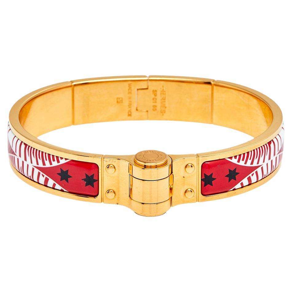 Hermes Red Eperon D'or Bandana Rouge Enamel Gold Plated Hinged Bracelet