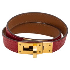 Hermès Bracelet Kelly double portefeuille en cuir Epsom rouge plaqué or