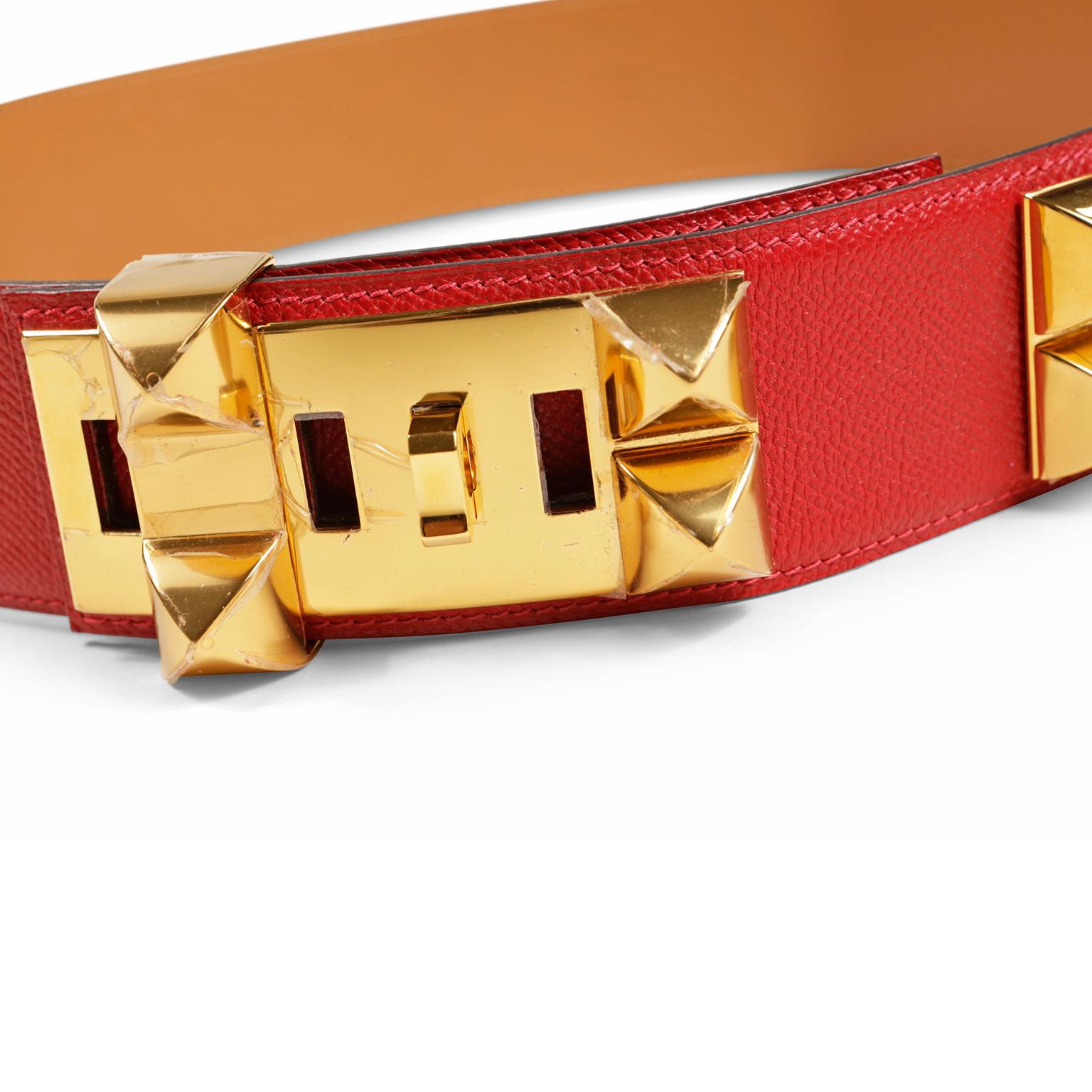 Hermès Red Epsom Leather Medor Belt size 80 For Sale 1