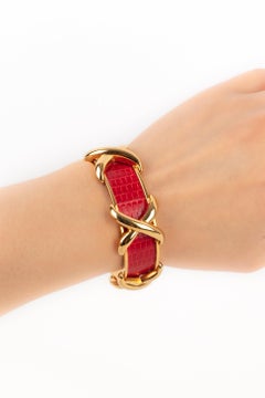 Hermès Red Exotic Lizard Leather Bracelet