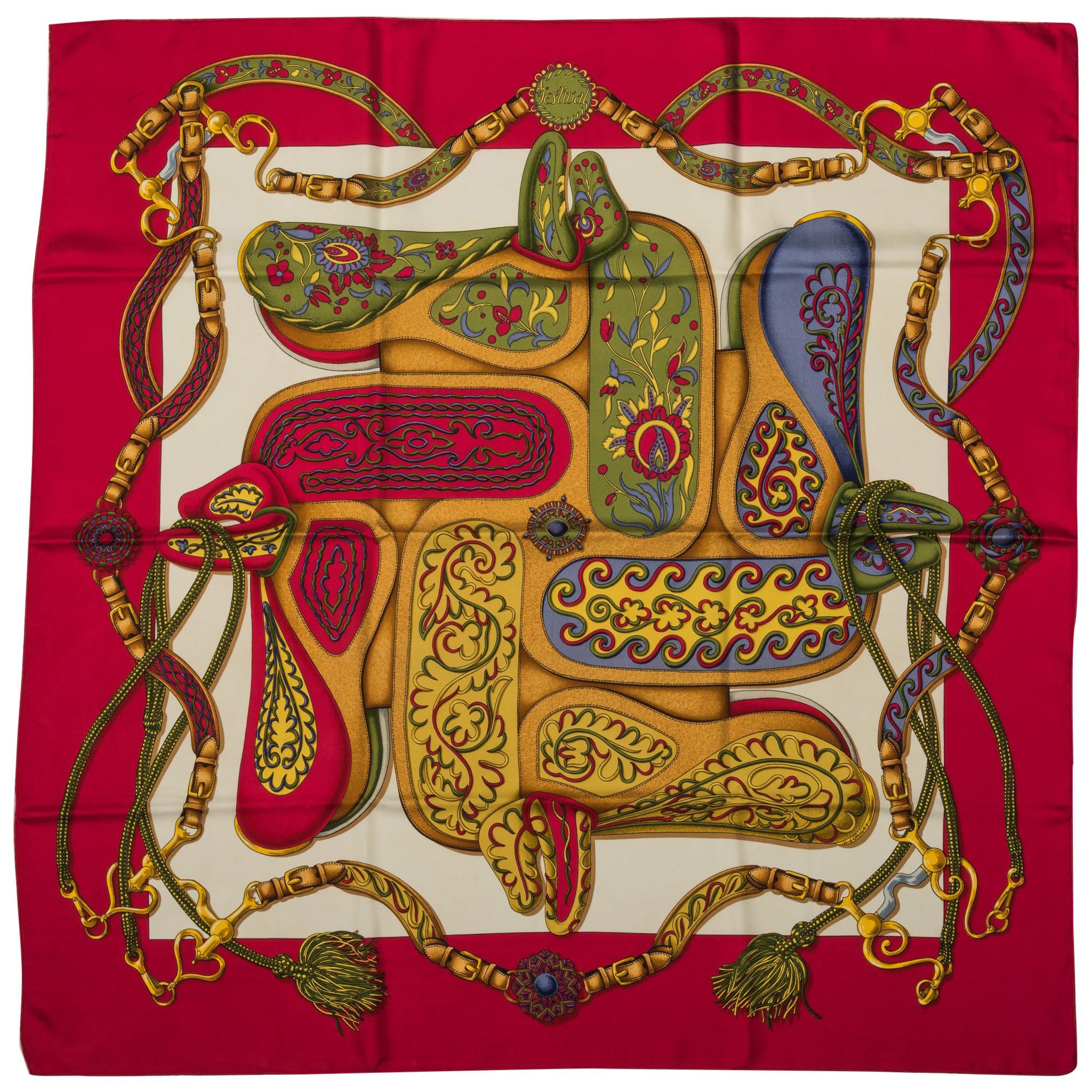 Hermes Red Festival Silk Twill Scarf