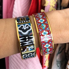 Hermes Red Floral and Gold Printed Enamel Wide Bangle Bracelet