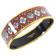 Hermes Red Floral and Gold Printed Enamel Wide Bangle Bracelet