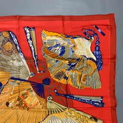 HERMES Red Gold Fan Silk Brise de Charme Scarf