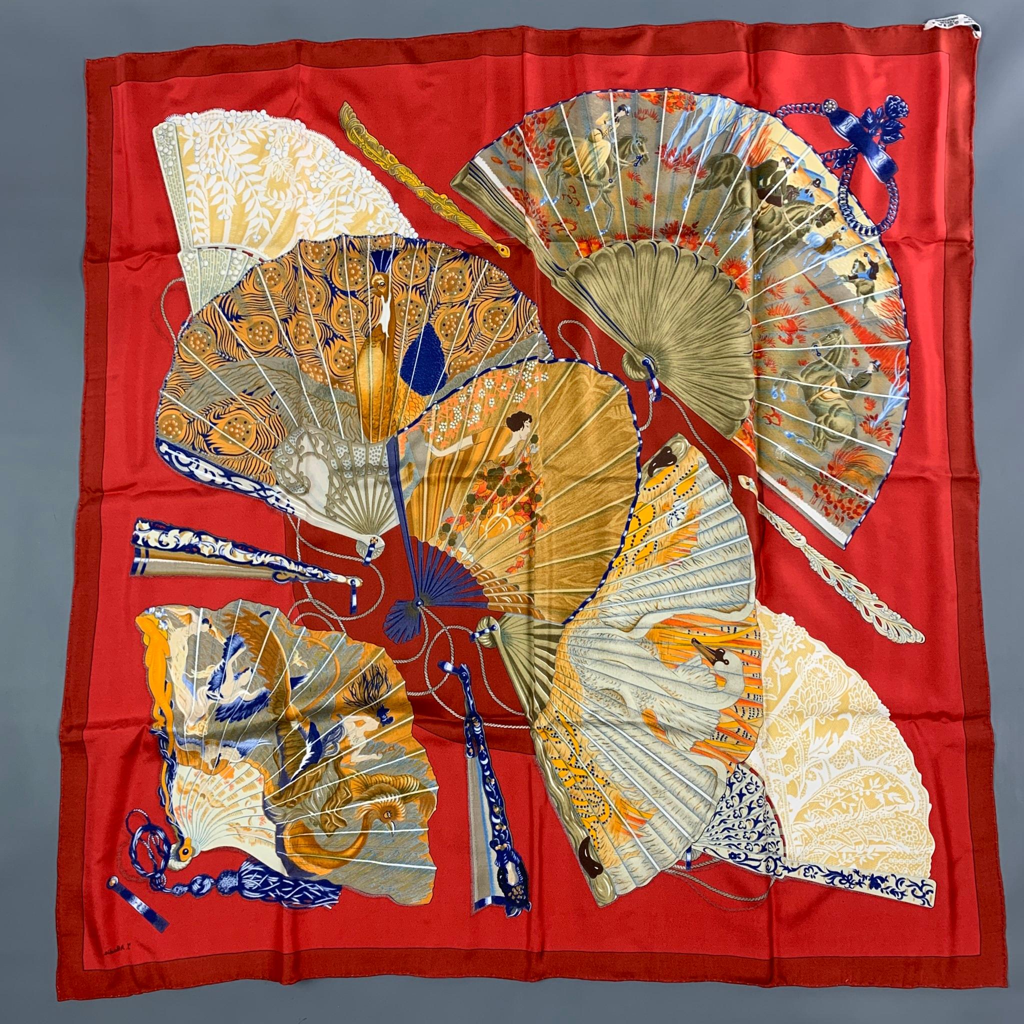 HERMES Red Gold Fan Silk Brise de Charme Scarf In Good Condition In San Francisco, CA