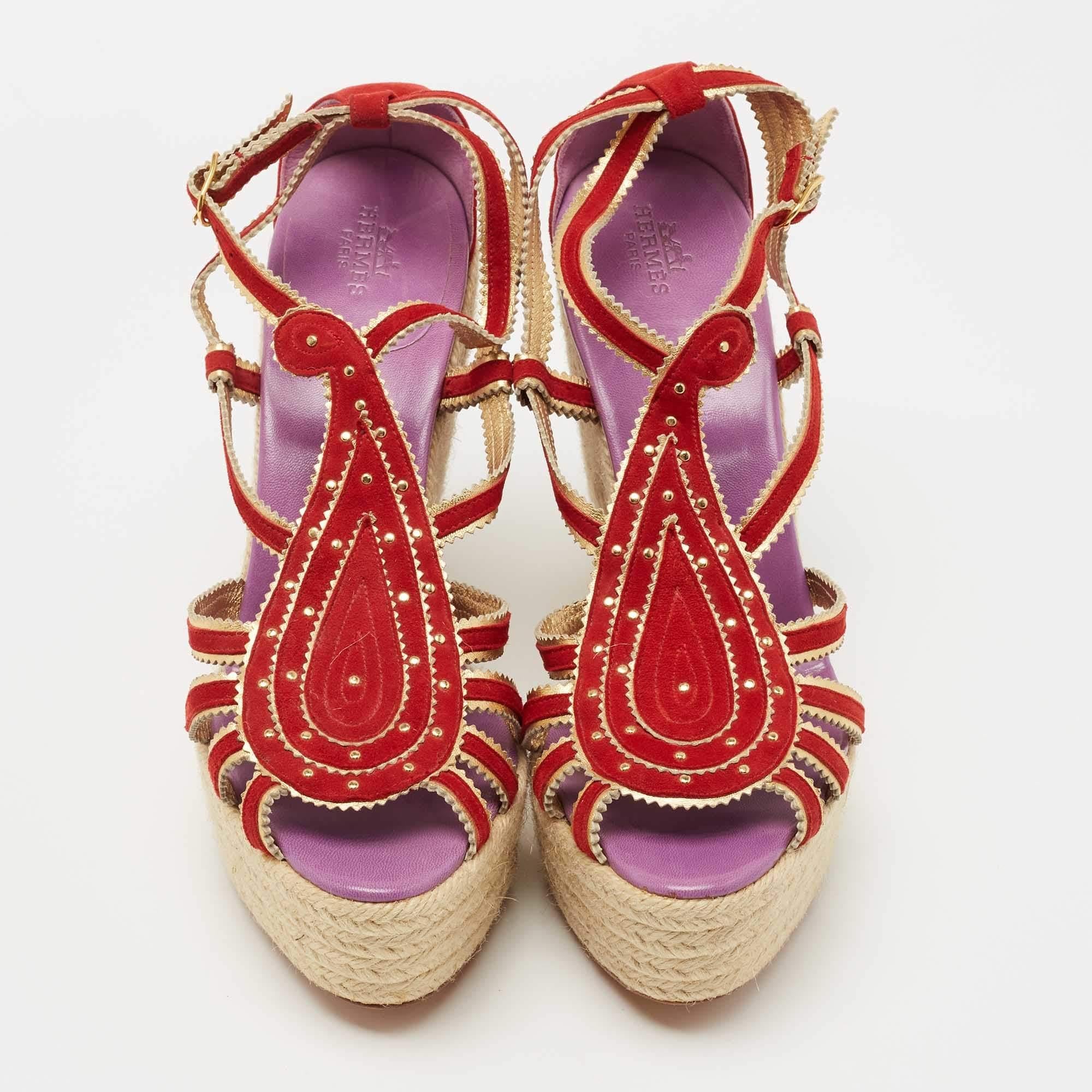 Brown Hermes Red/Gold Suede and Leather Espadrille Wedge Sandals Size 41 For Sale