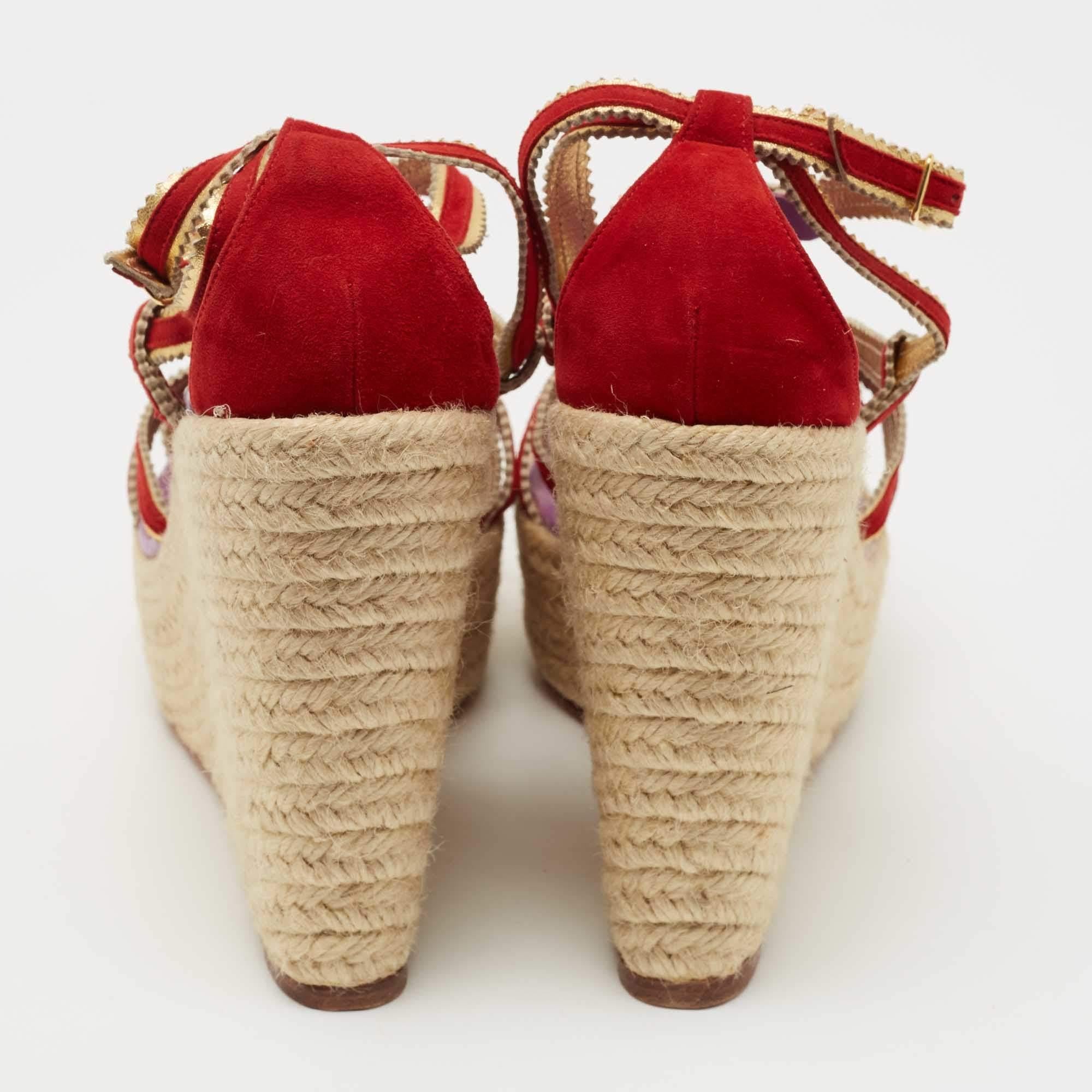 Women's Hermes Red/Gold Suede and Leather Espadrille Wedge Sandals Size 41 For Sale