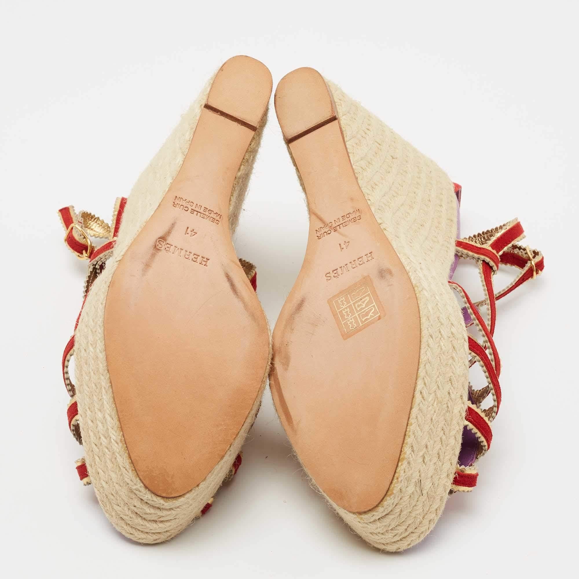 Hermes Red/Gold Suede and Leather Espadrille Wedge Sandals Size 41 For Sale 1