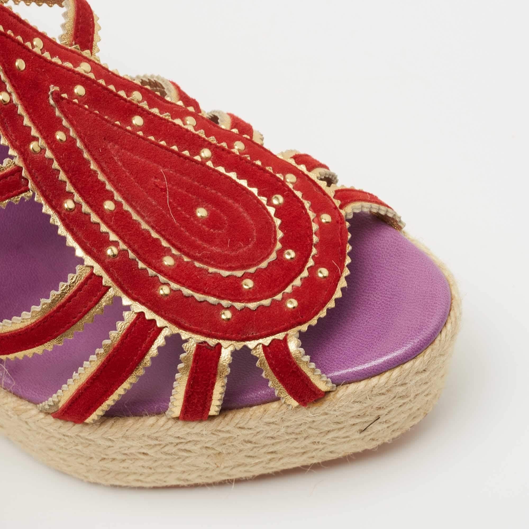 Hermes Red/Gold Suede and Leather Espadrille Wedge Sandals Size 41 For Sale 3