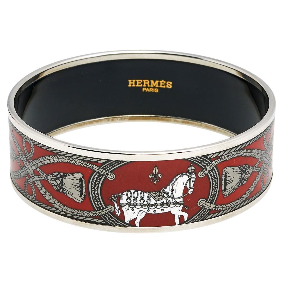 Hermès Red Grand Apparat Enamel Palladium Plated Wide Bangle Bracelet