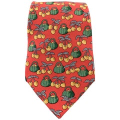 HERMES Red Green & Yellow Cherry Backet Print Silk Tie 7430 HA
