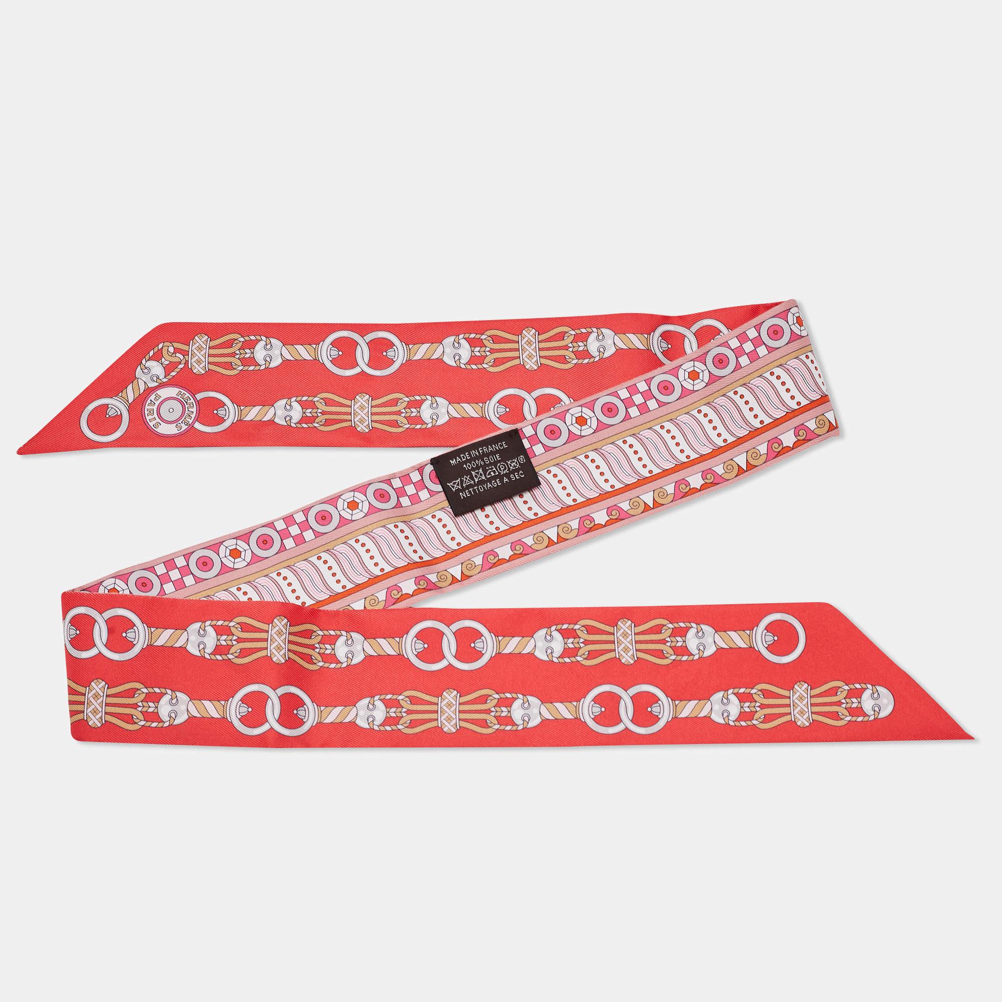 Brown Hermès Red Harnais En Rosace Silk Twilly