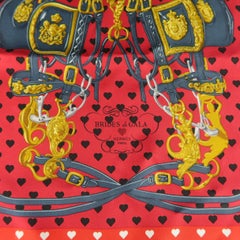 HERMES Red Heart Print Silk "Brides de Gala" Pocket Square Scarf