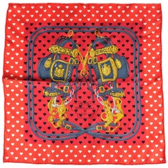 Retro HERMES Red Heart Print Silk "Brides de Gala" Pocket Square Scarf