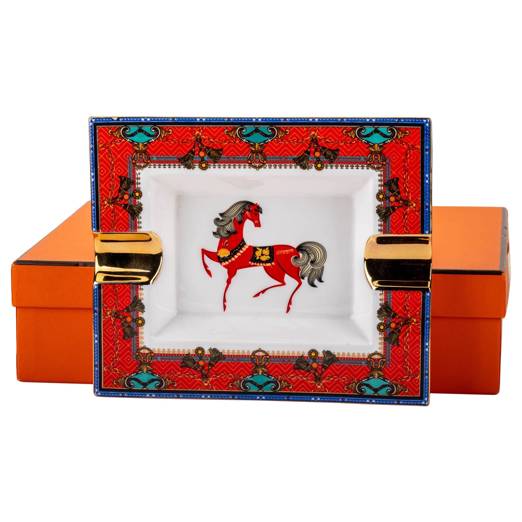 Hermes Red Horse Porcelain Ashtray with Box