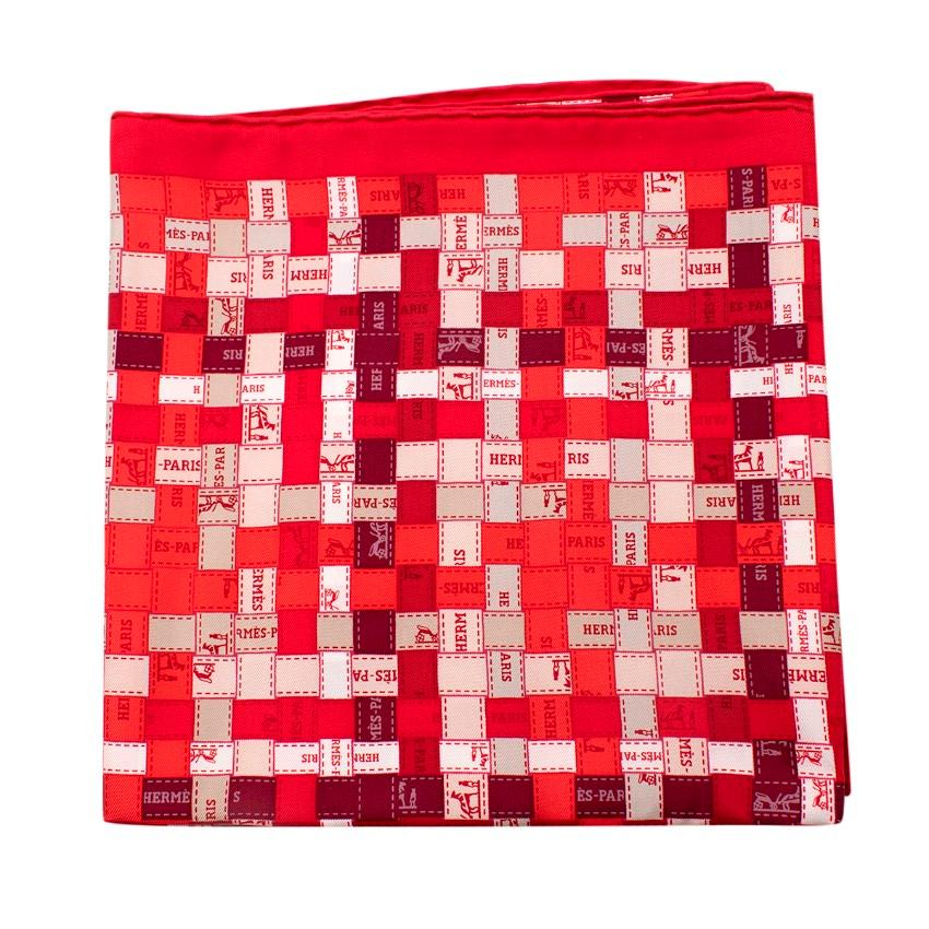 Hermes Red & Ivory Basketweave Pattern Silk Twill Square Scarf
 

 - Basketweave pattern in tones of red, orange and burgundy, with an ivory highlight, referencing the iconic Hermes ribbon
 - Silk twill with hand rolled edges
 

 Materials:
 100%