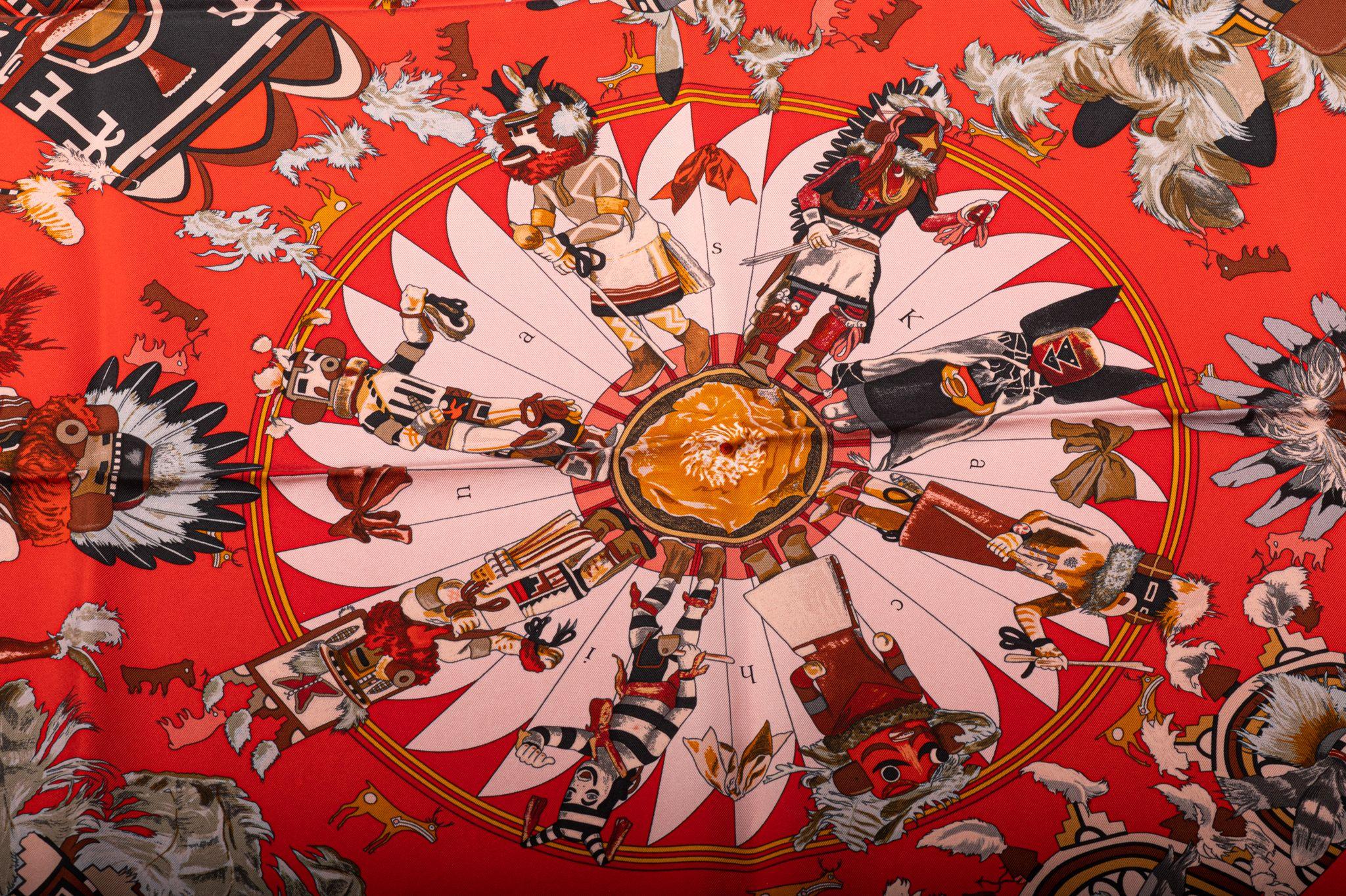 Hermès Red Kachinas Silk Scarf by Kermit Oliver For Sale 1