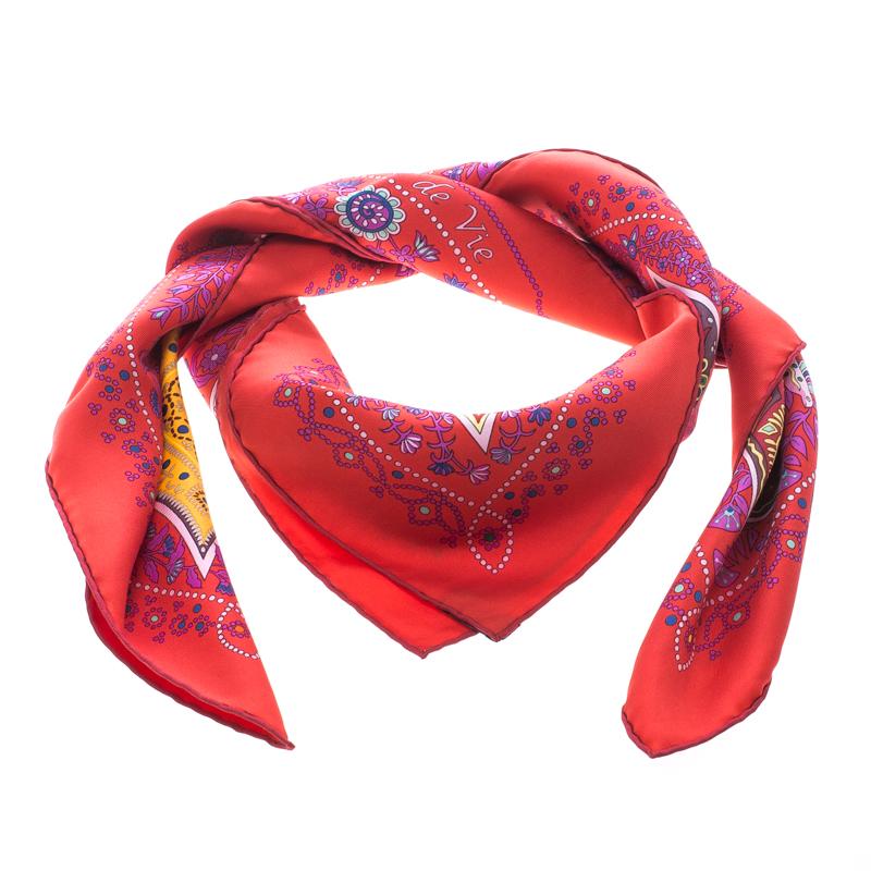 Hermes Red L'Arbre de Vie Printed Silk Square Scarf