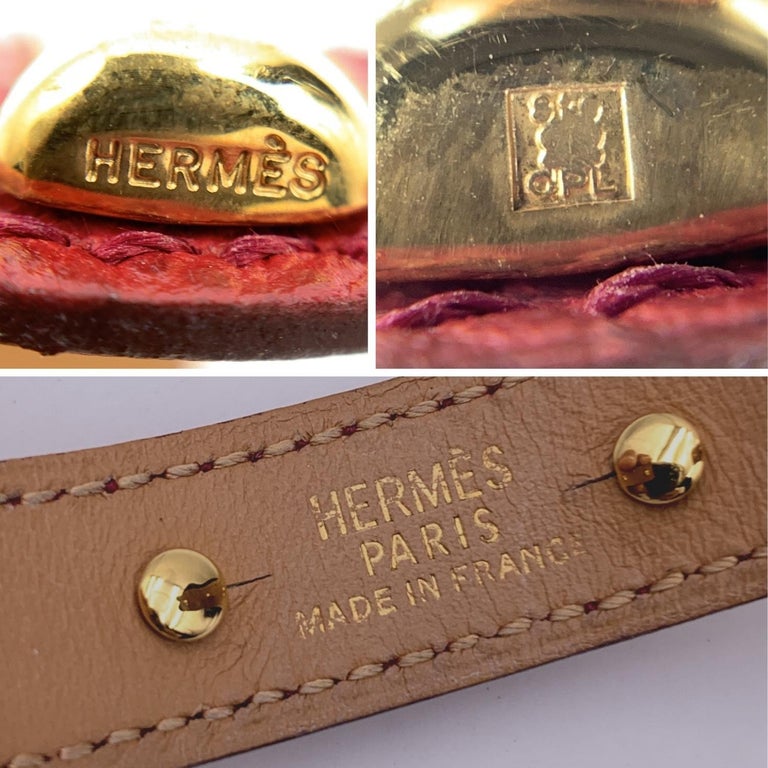 Women's Hermes Red Leather and Gold Metal Agatha Cuff Bracelet