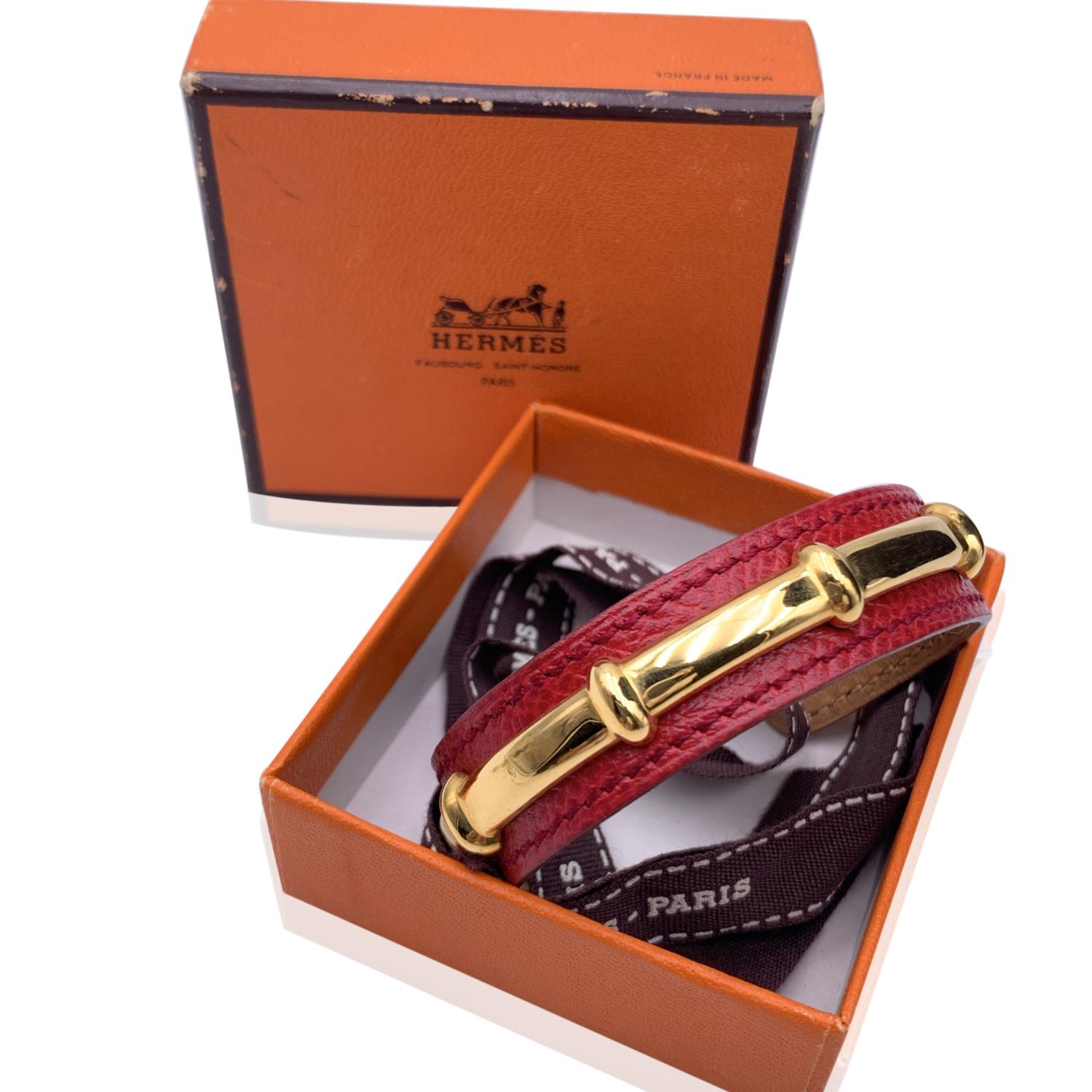 Women's Hermes Red Leather and Gold Metal Agatha Cuff Bracelet