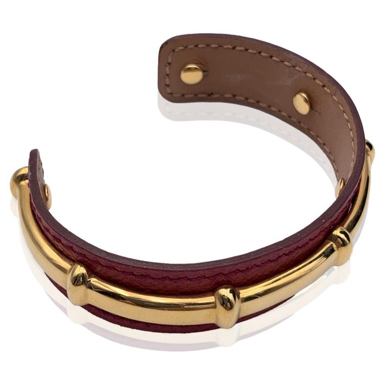 Hermes Red Leather and Gold Metal Agatha Cuff Bracelet
